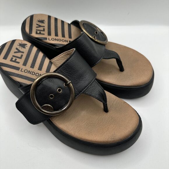 Fly London Dafi Leather Slide Wedge Platform Sandals Black Size 37 US 6.5 - 7 - Picture 1 of 9